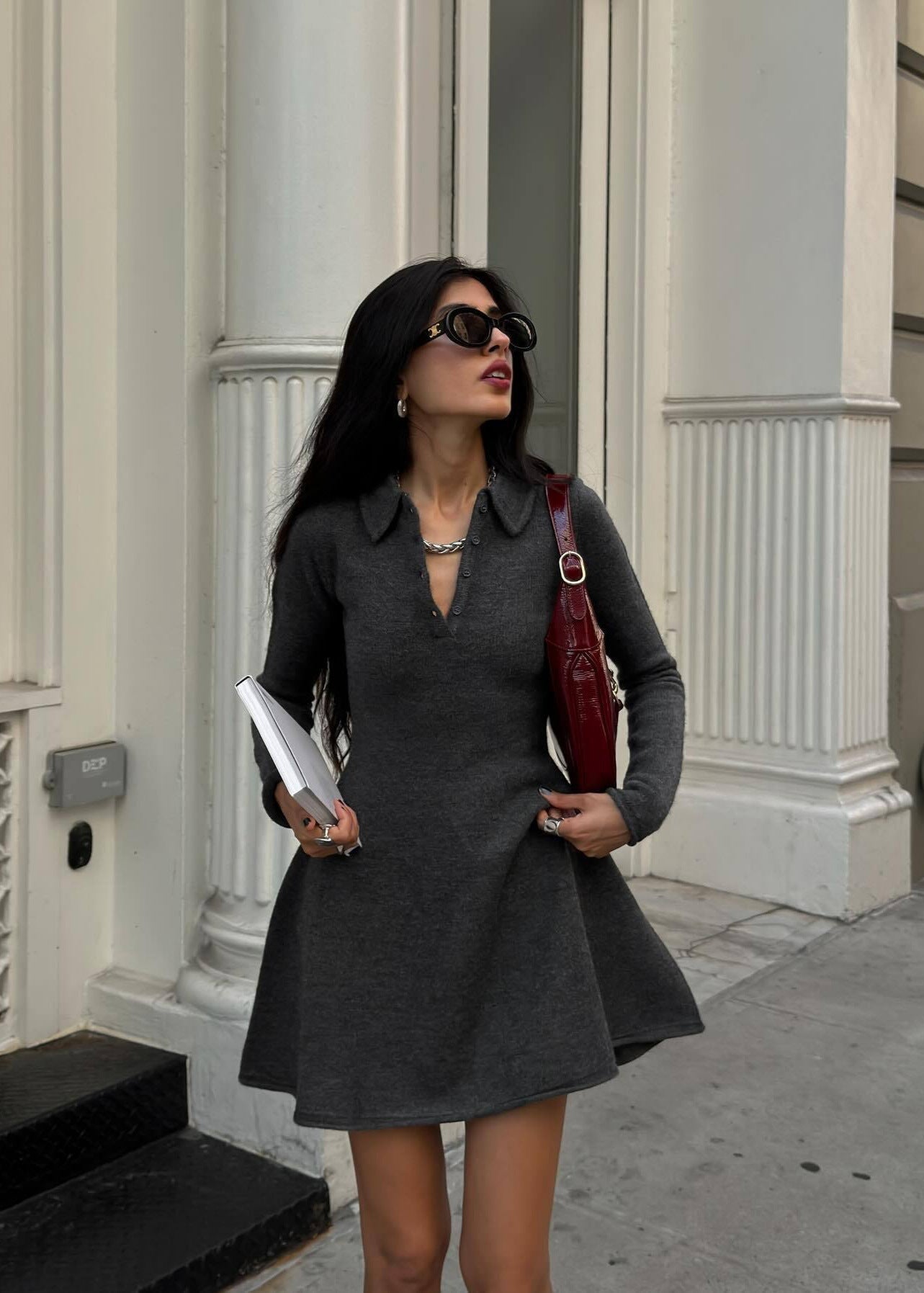 Knit CollaRed Fit & Flare Mini Dress