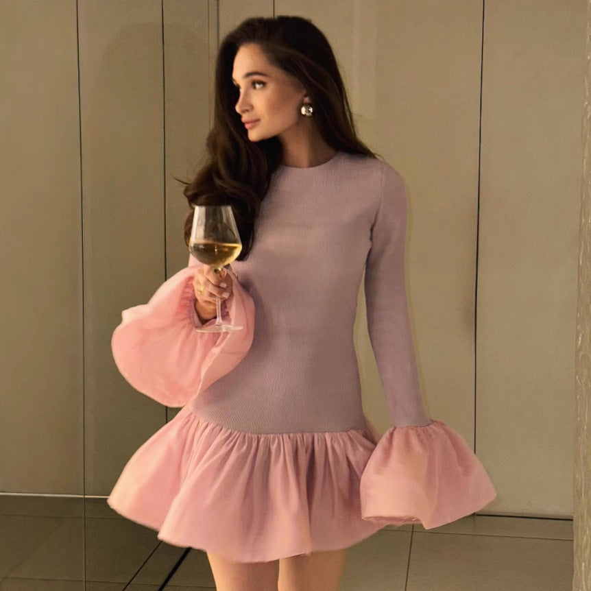 Stretch Sweet Knitted Puff Short dress Long Sleeve Ball Bell Sleeve Stitching