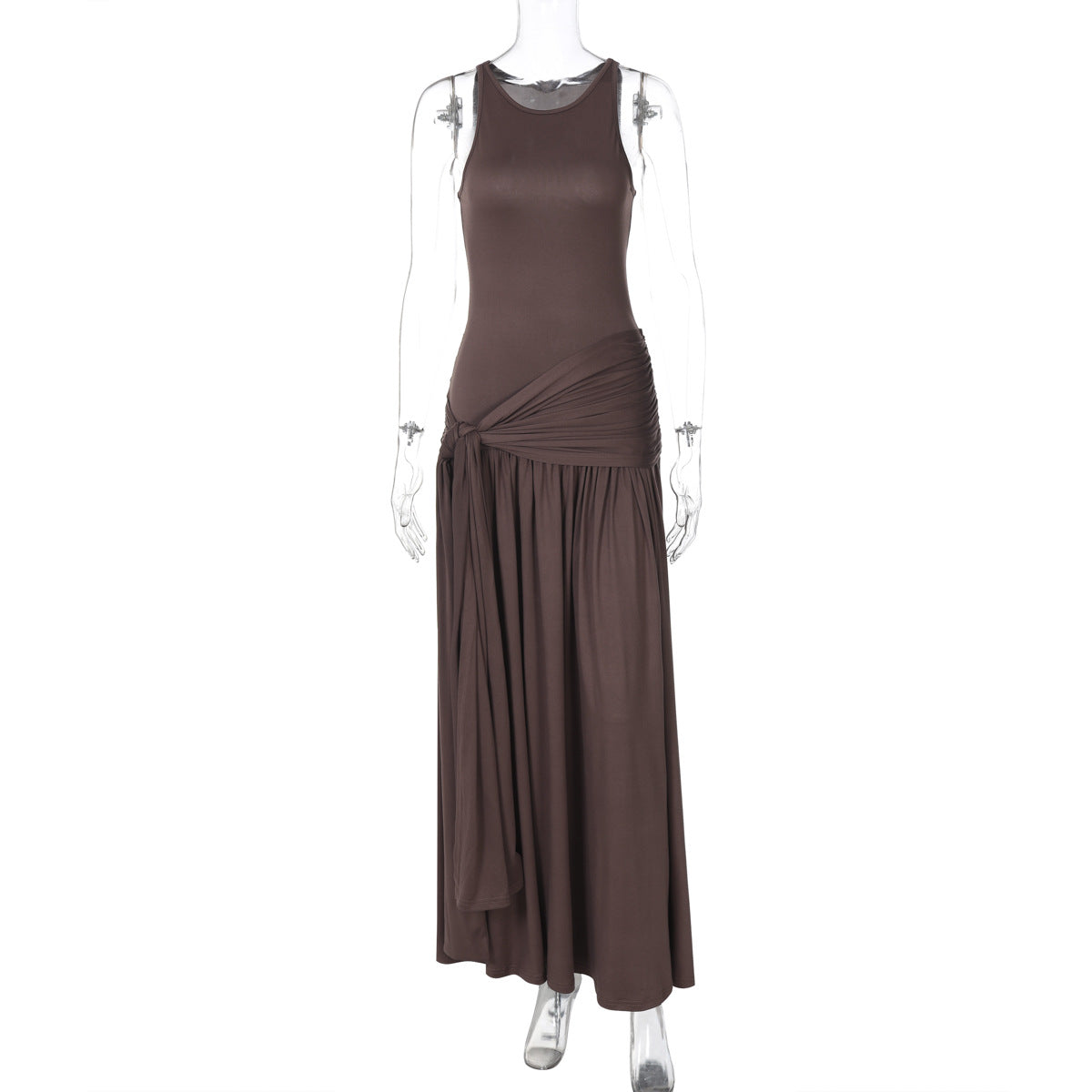 Ribbon Stitching Ruffled Slim Street Midi Solid Color Dress