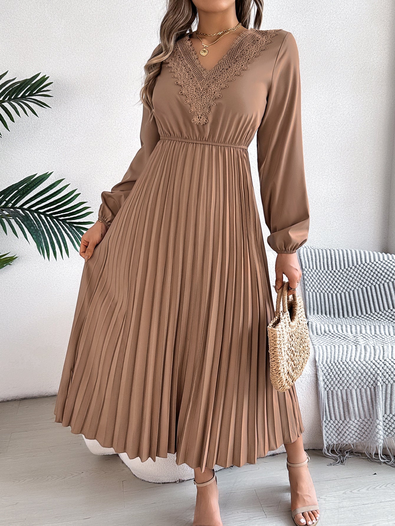 Spring Summer Refined V neck Lace Cinched Pleated Maxi Dress Women Clothing