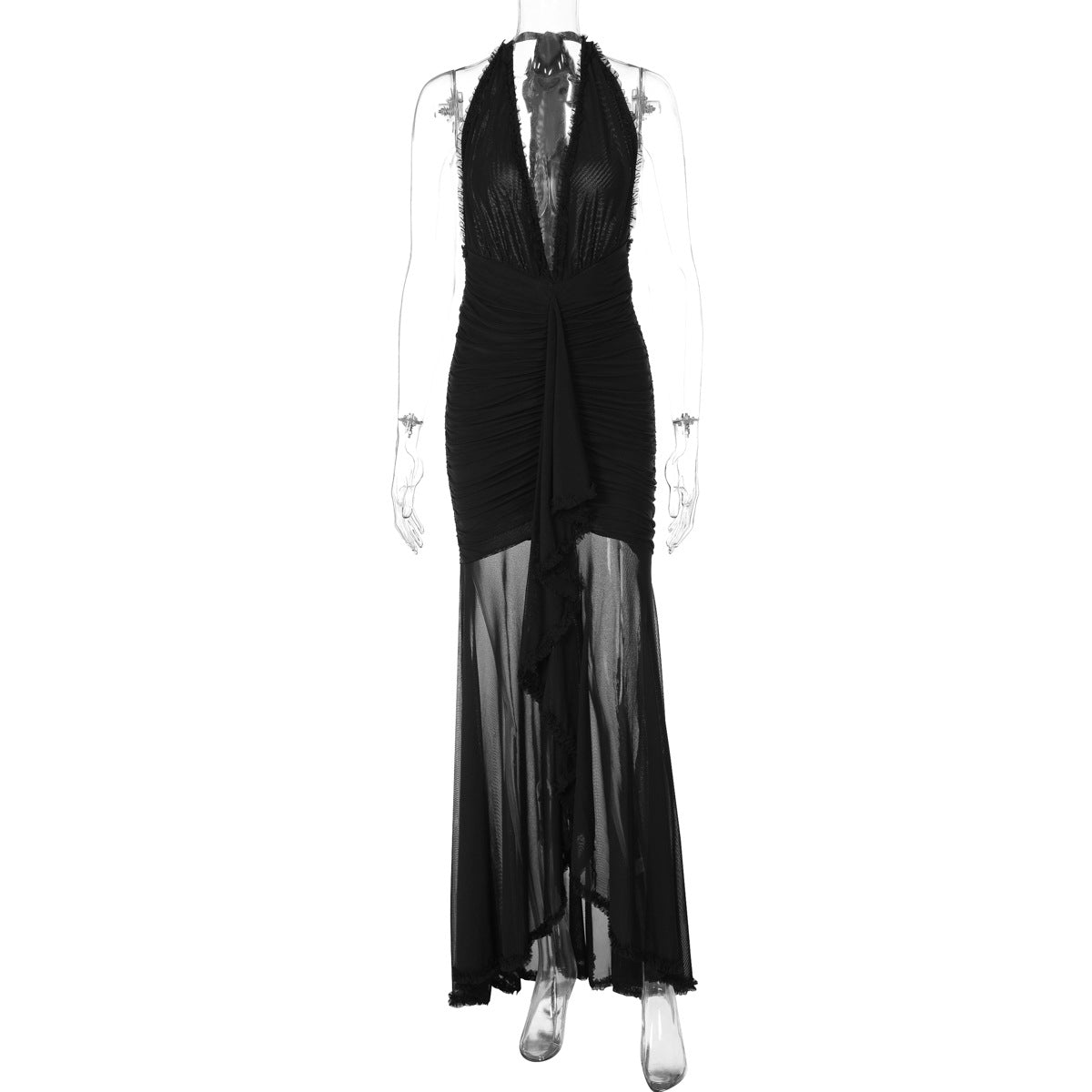 Summer Mesh Stitching Graceful Dress Maxi Dress V neck Halter Backless Sexy Dress Women