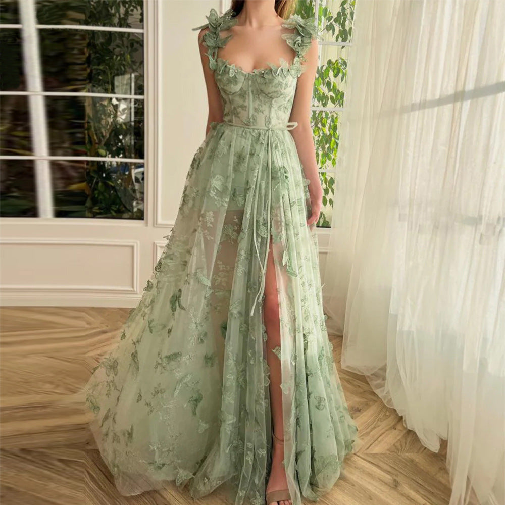 Women Wedding Dress Tulle Spaghetti Straps Sleeveless High Slit Bridal Celebration Beach Dress