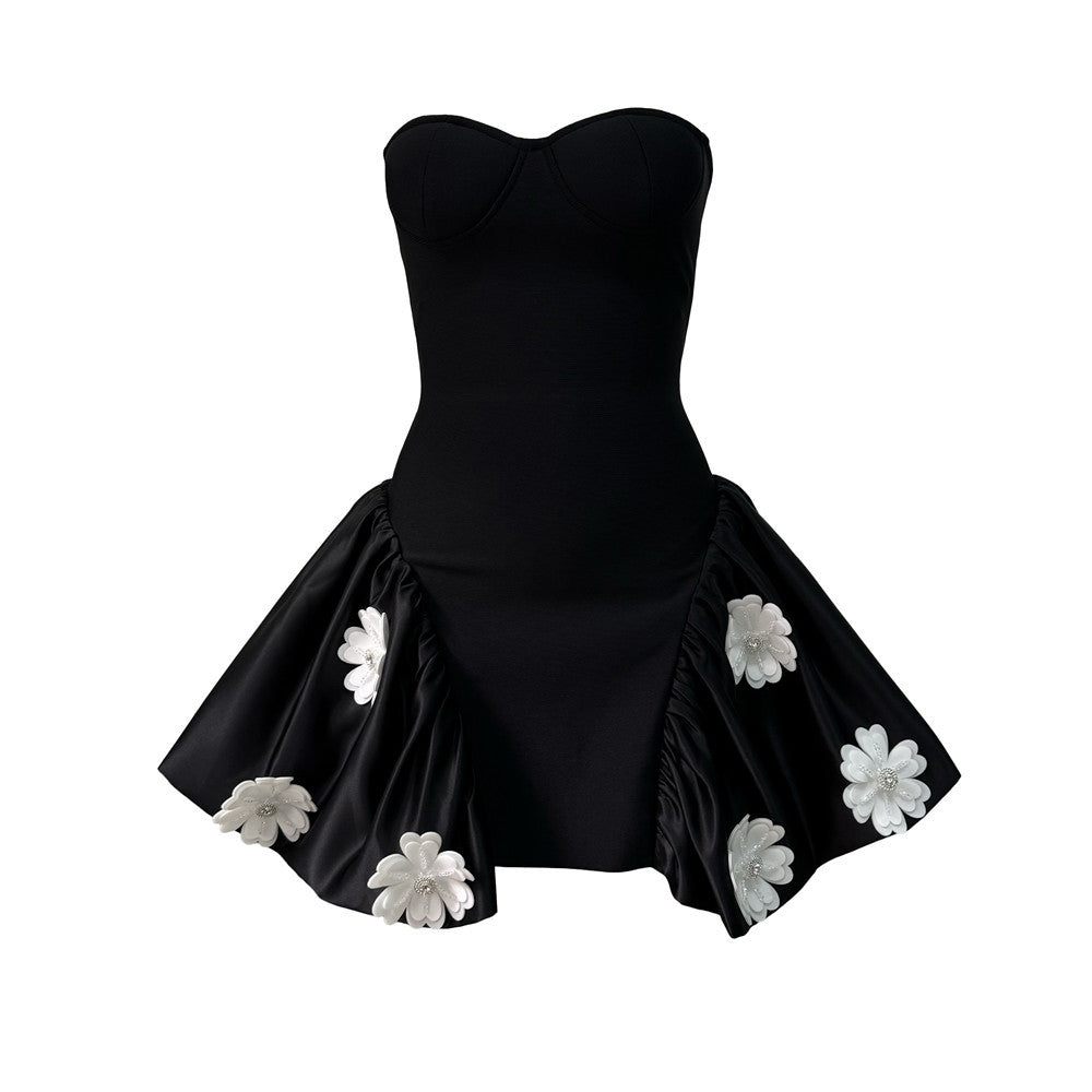 Ladies Graceful Tube Top Bandage Stitching Puffy dress Three Dimensional Bloom Party Dress