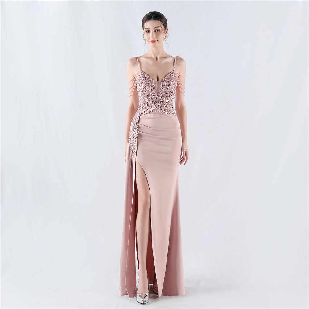 Dress Heavy Embroidery Drilling Order Flower Waist Boning Corset Beaded Satin Evening Dress Annual Meeting Wedding