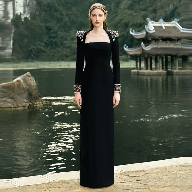 Refined Heavy Industry Gem Diamond Long Sleeve Maxi Dress Formal Dress