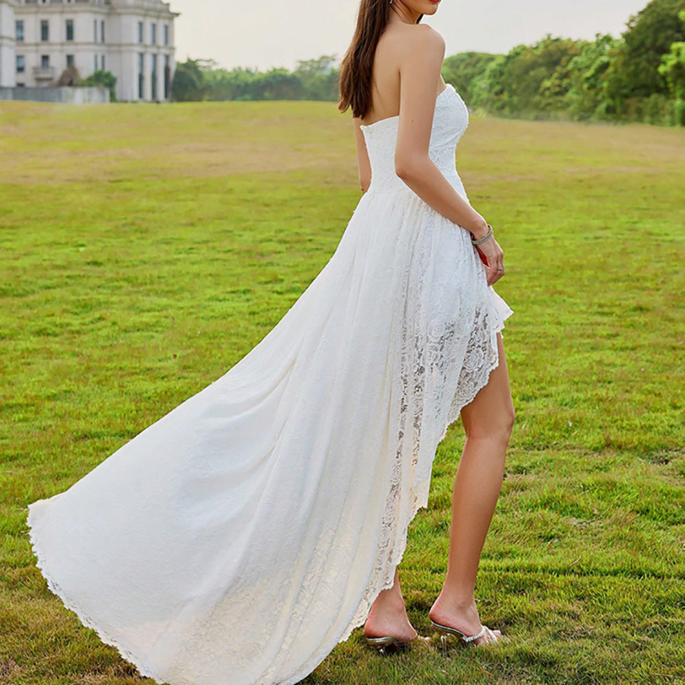 Graceful Casual Dress Tube Top Lace Ruffled Vacation Wedding Dress
