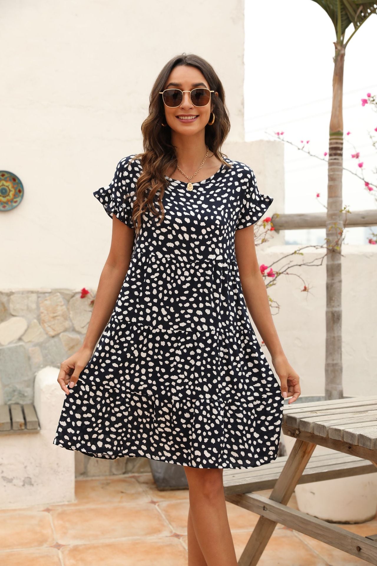 Printed Brushstrokes Asymmetrical Ruffle Dress