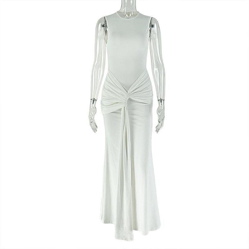 Women One Step Refined Pleated Hip Dress round Neck Lace up Sleeveless Solid Color Maxi Dress