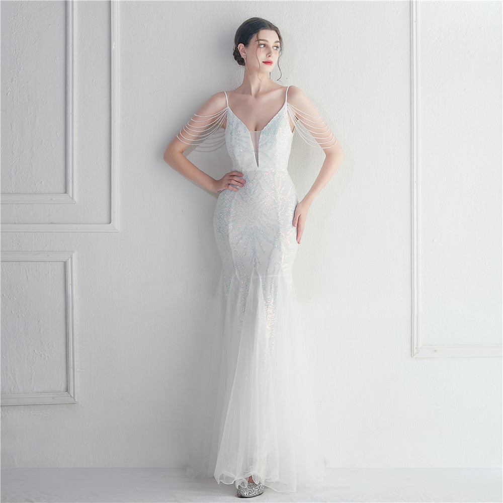 Beaded Bridal Wedding Dinner Extended Camisole Evening Dress