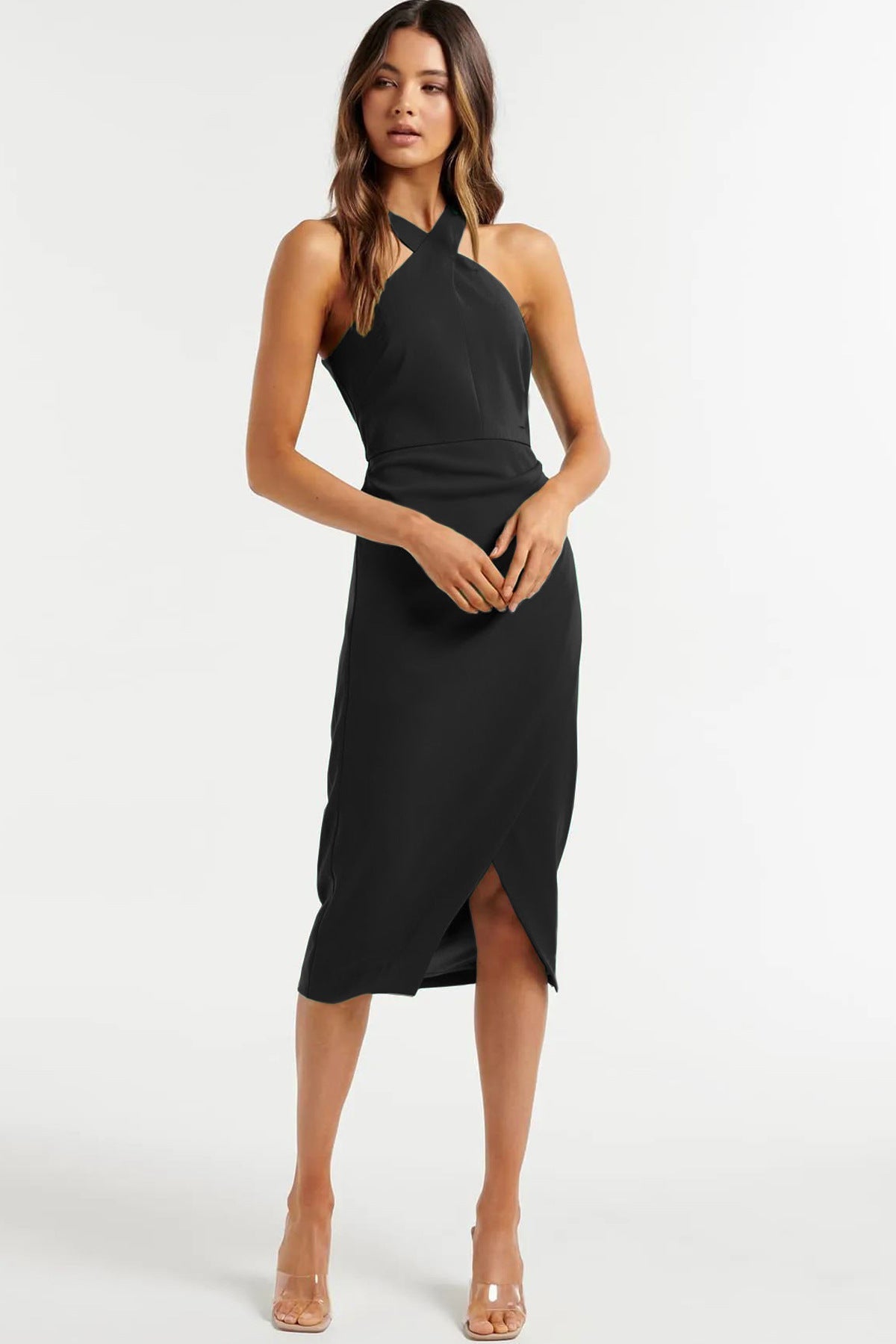 Satin Havyn Asymmetrical Halter Midi Dress Black