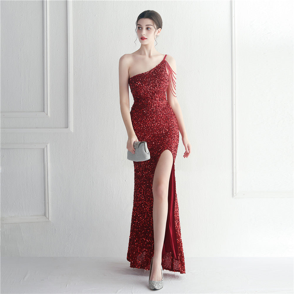 Beaded Craft Single Shoulder Suspender Sheath Split Leg Exposed Nightclub Evening Dress Dress