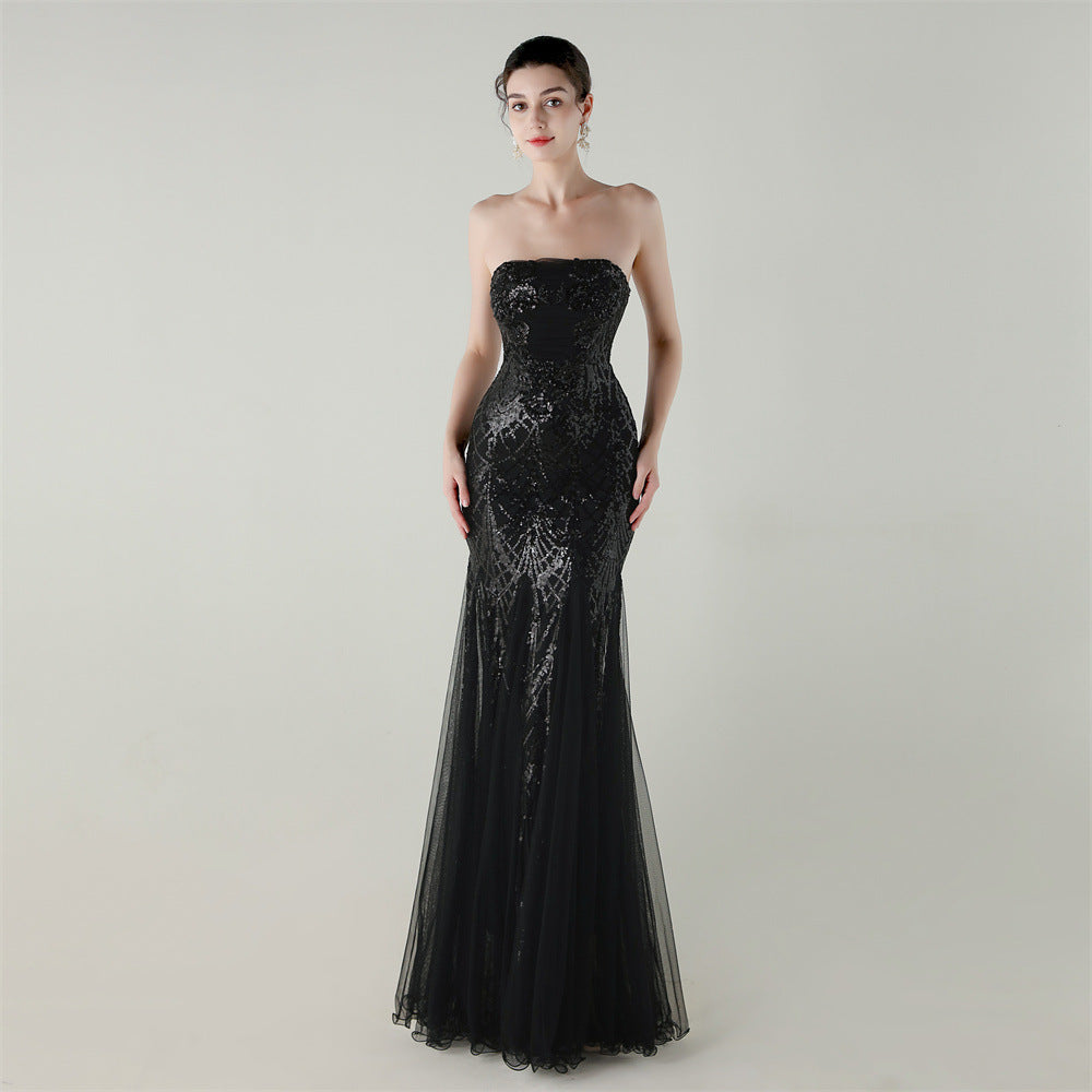 Tube Top Cross Strap Beaded Tube Flower Sequin Mesh Evening Dress Cocktail Wedding Social Elegant Clothing