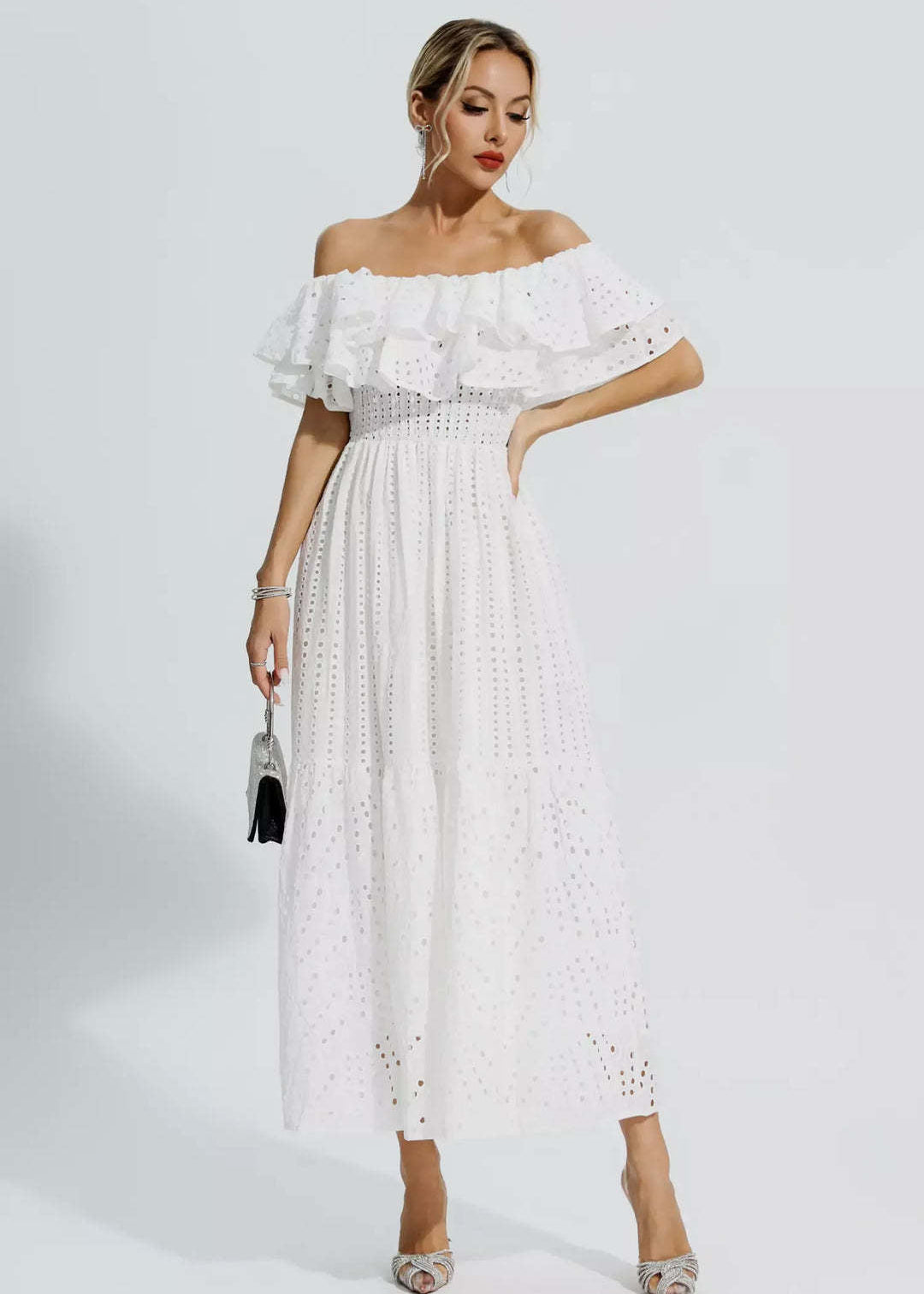 Eyelet Lunara Off-Shoulder Dress White Ruffle Midi