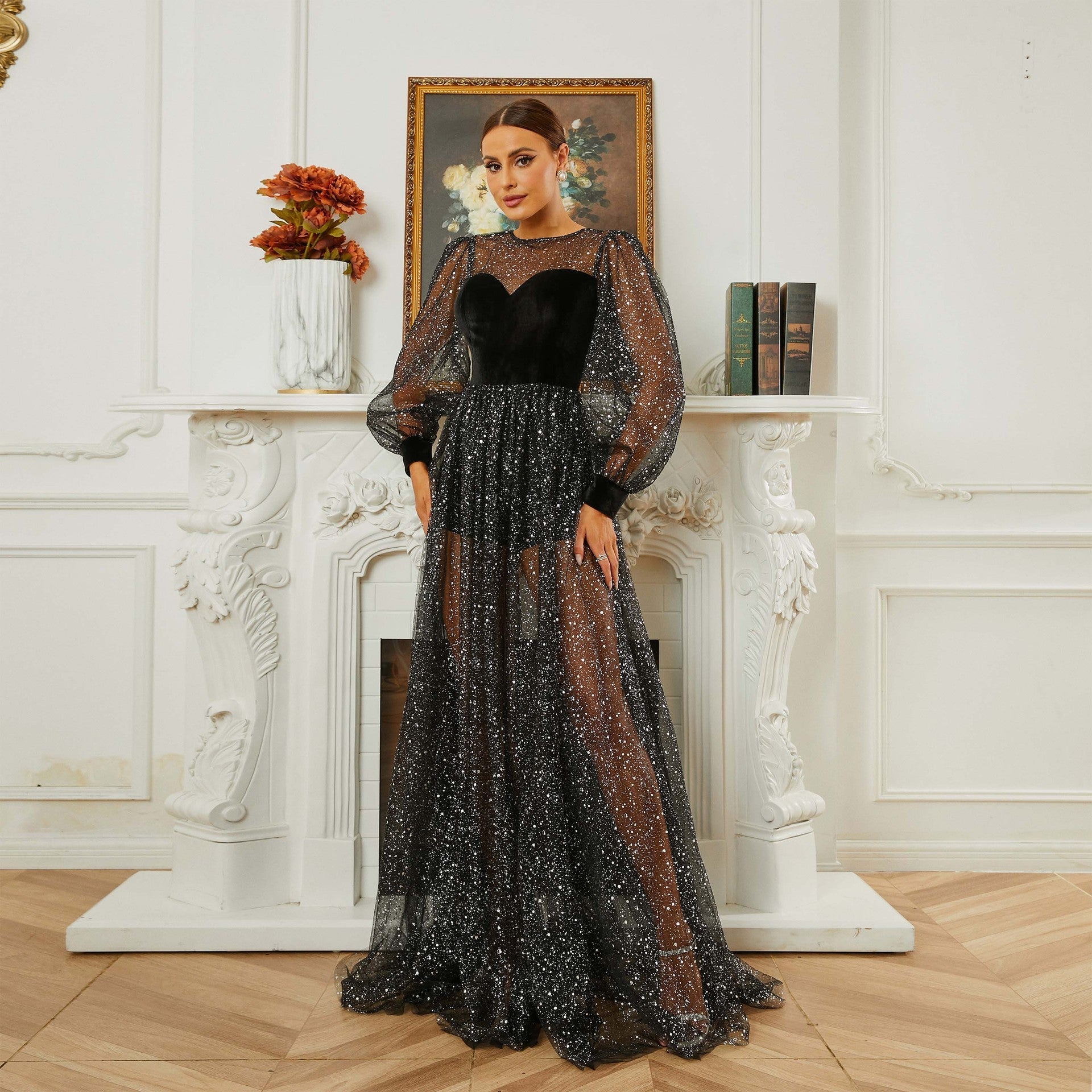 Sleeved Long round Neck Cocktail Sequin Gauze Large Swing Evening Dress Bridesmaid