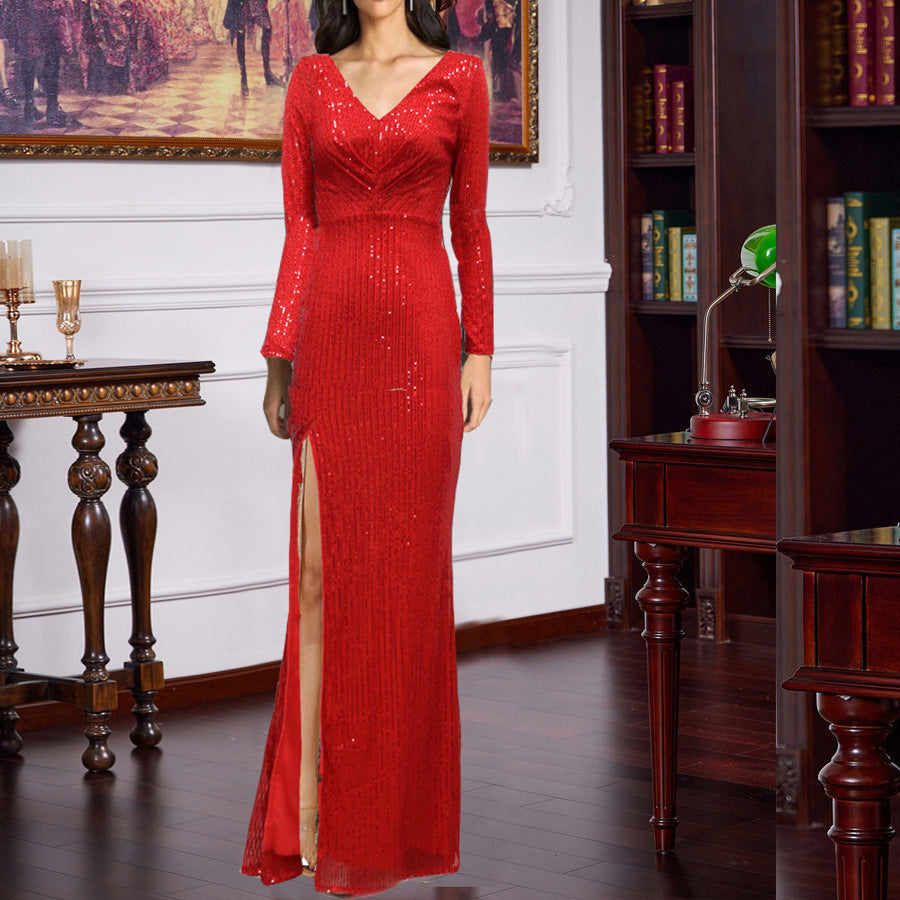 Spring Split Extended Sleeve V neck Slim Fit Long Formal Dress Wedding Cocktail Party Multi Color Sequined Evening
