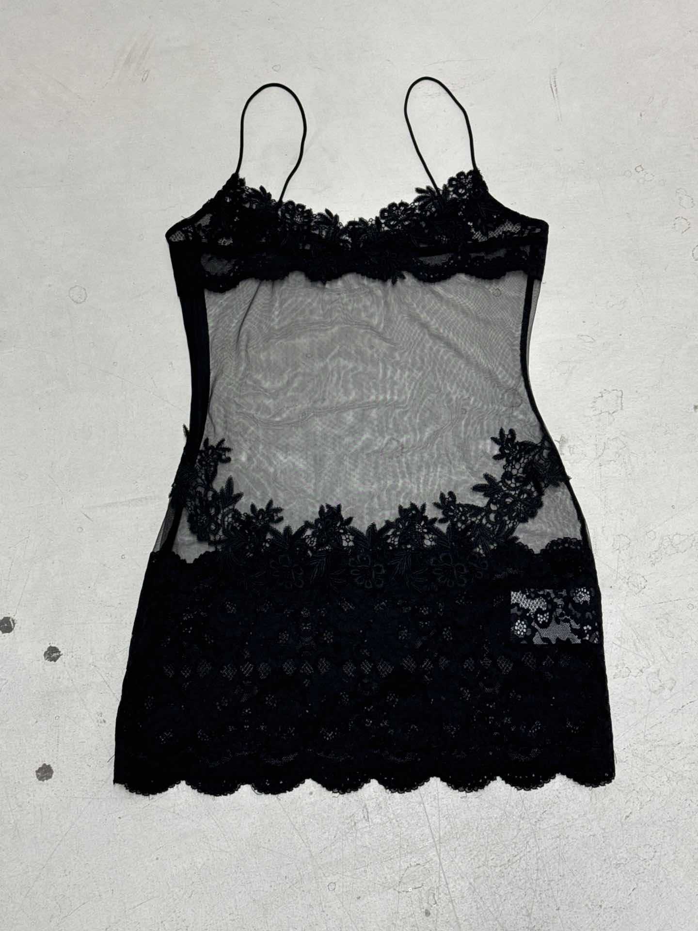 Summer Women Mesh Lace Lace Spaghetti Strap Dress See through Chic Nightdress Vacation Maxi Dress