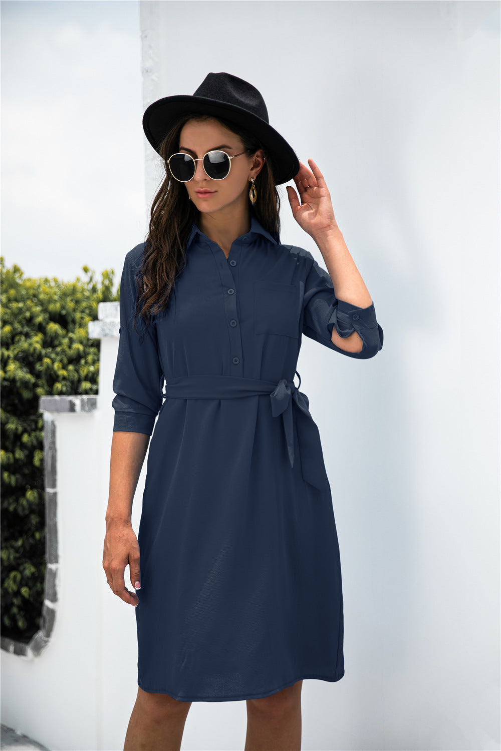 Chic Office Button Down Shirt Dress Navy