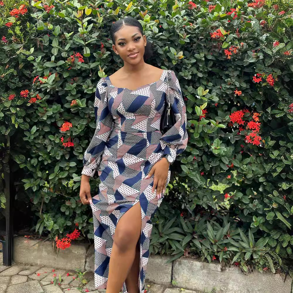 Printed Blue Plaid Simple Long Sleeve Slit Dress