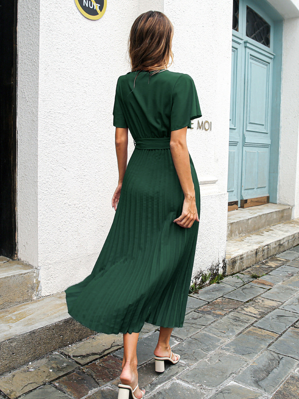 Satin Josefa Pleated Midi Dress Emerald FINAL