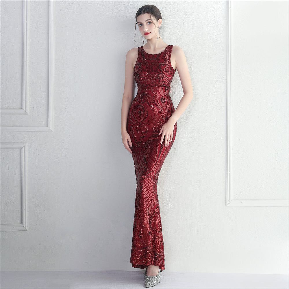 Bare Back Beaded Craft Sequined Embroidery Stage Concert Car Model Cocktail Wedding Ceremony Extended Evening Dress