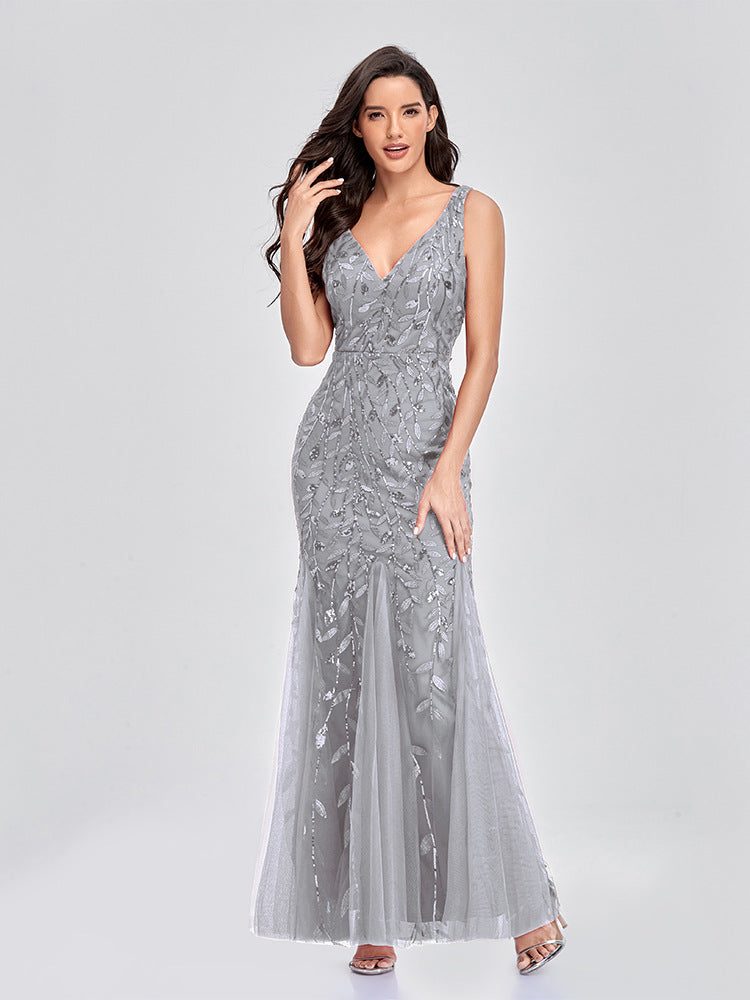 Evening Dress V neck Tulle Embroidered Sequ Sexy Mermaid Prom Dress Women Stylish Dress