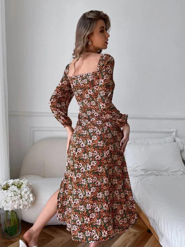 Raissa Flower High Low Midi Dress Black Multi