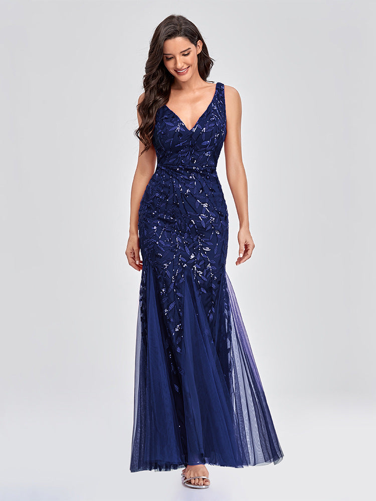 Evening Dress V neck Tulle Embroidered Sequ Sexy Mermaid Prom Dress Women Stylish Dress