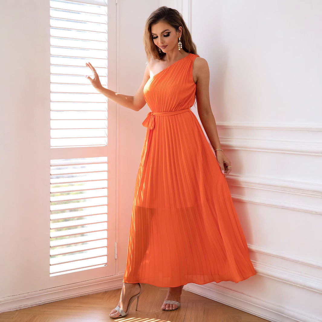 Graceful Collarless One Shoulder Party Dress Chiffon Pleated Waist Dress