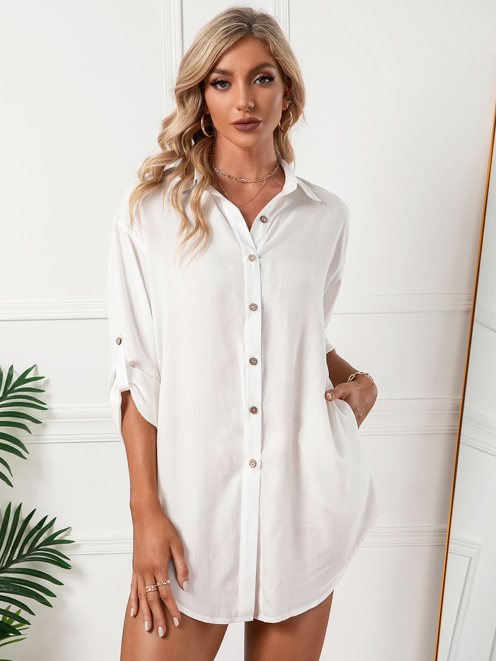 Button Jeanette Down Tunic Top White