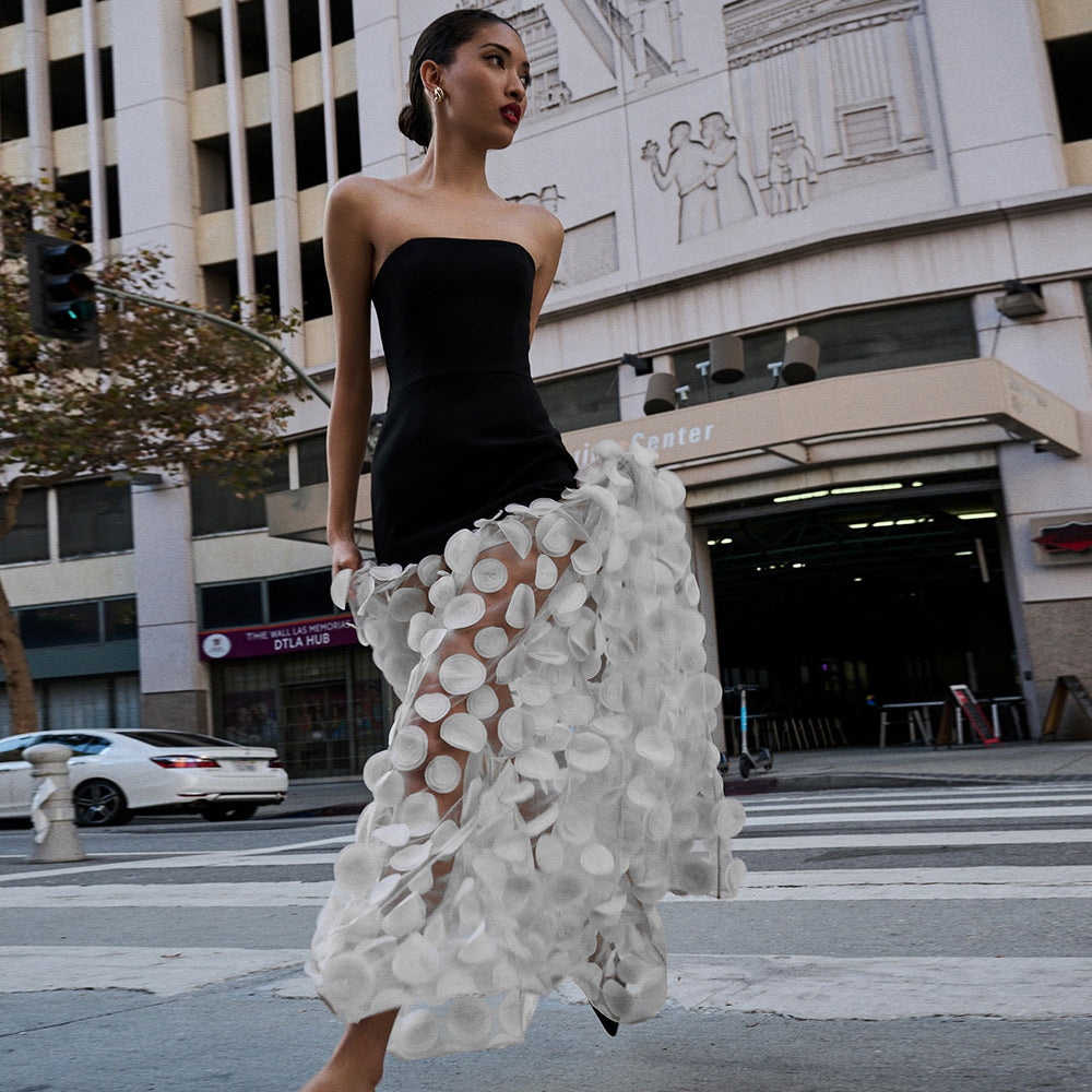 Spring Summer Black White Tube Top Dress Three Dimensional Flower Pettiskirt Dinner Wedding Dress Host Dress