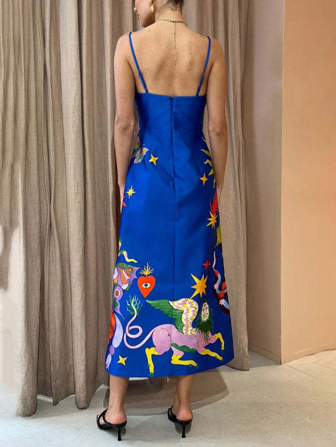 Summer Chic Satin Backless Printed Sleeveless Midi Dress