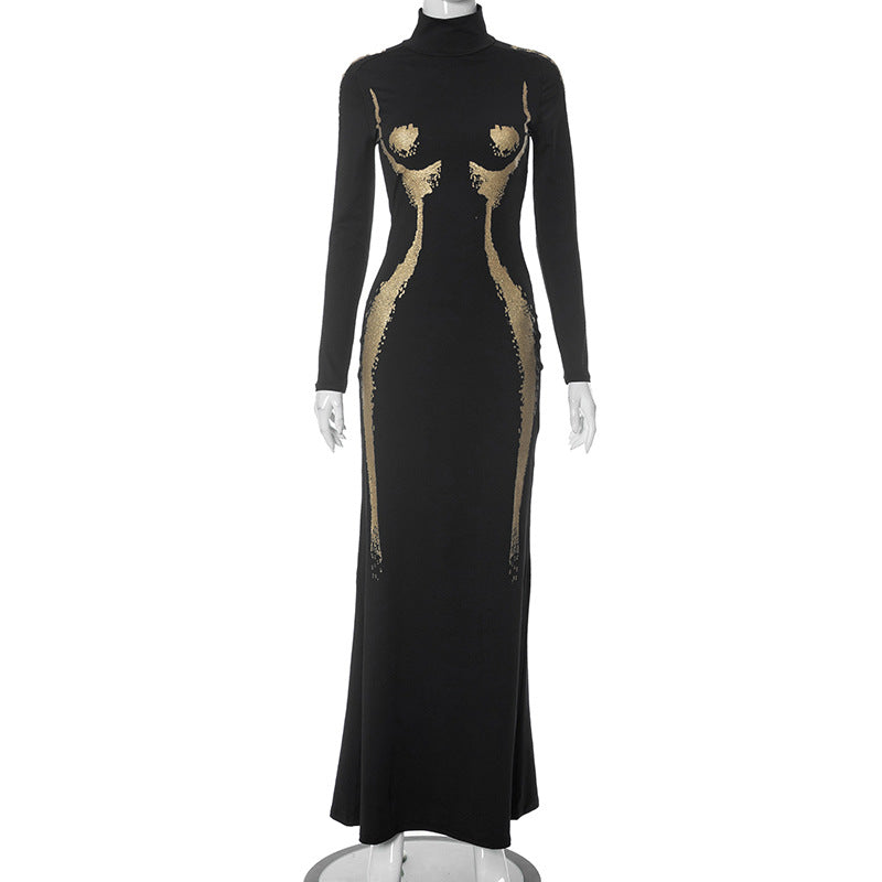 Long Printed Sleeve High Waist Dress