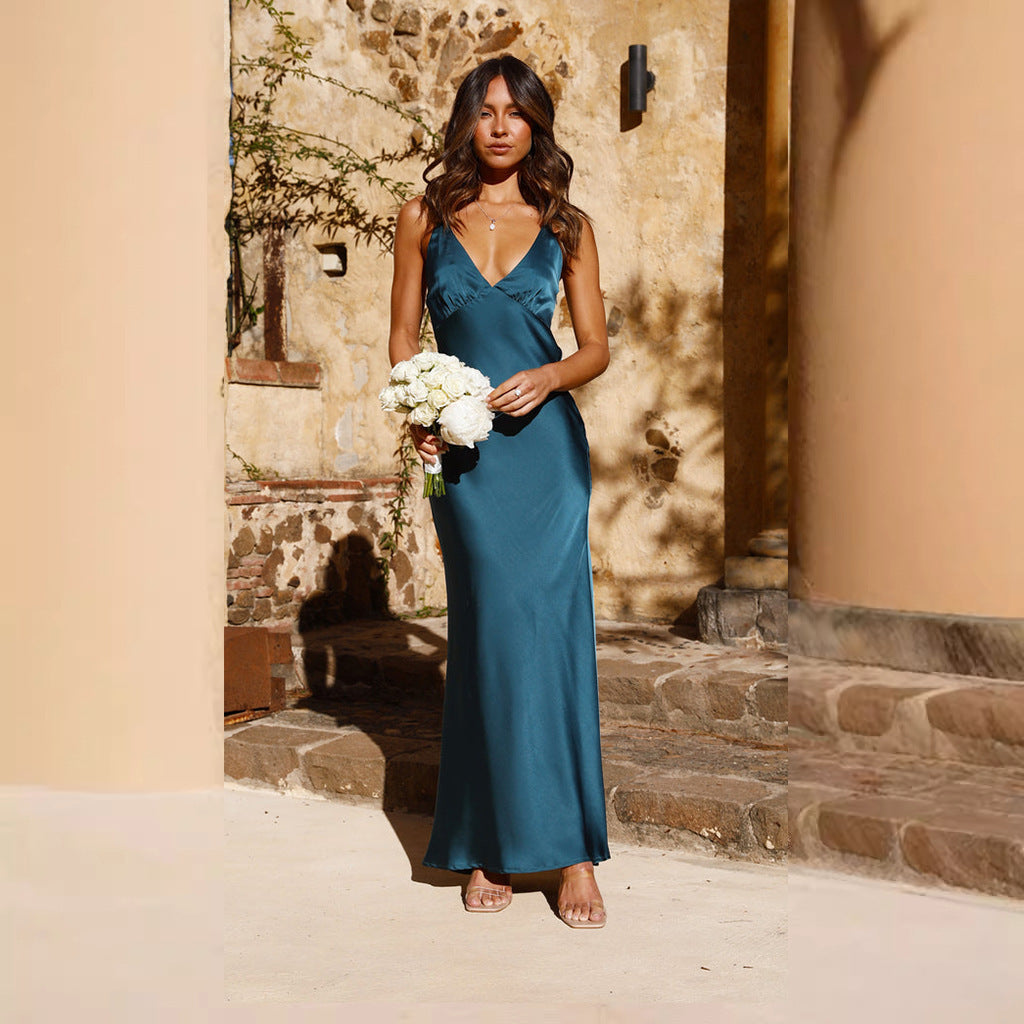 Slit Backless Solid Color Dress Sling Slim Mid Length
