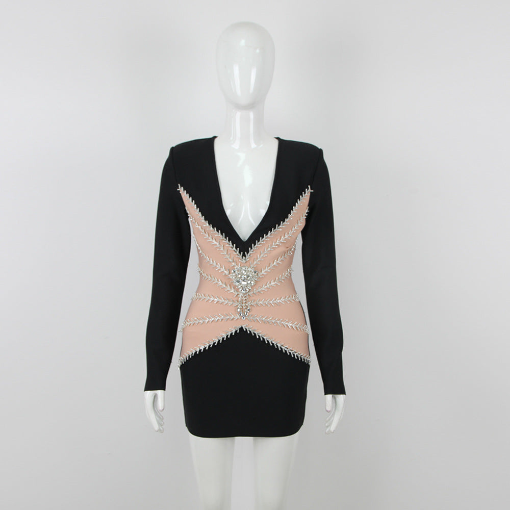 Rhinestones Graceful Tassel V neck Bandage Dress