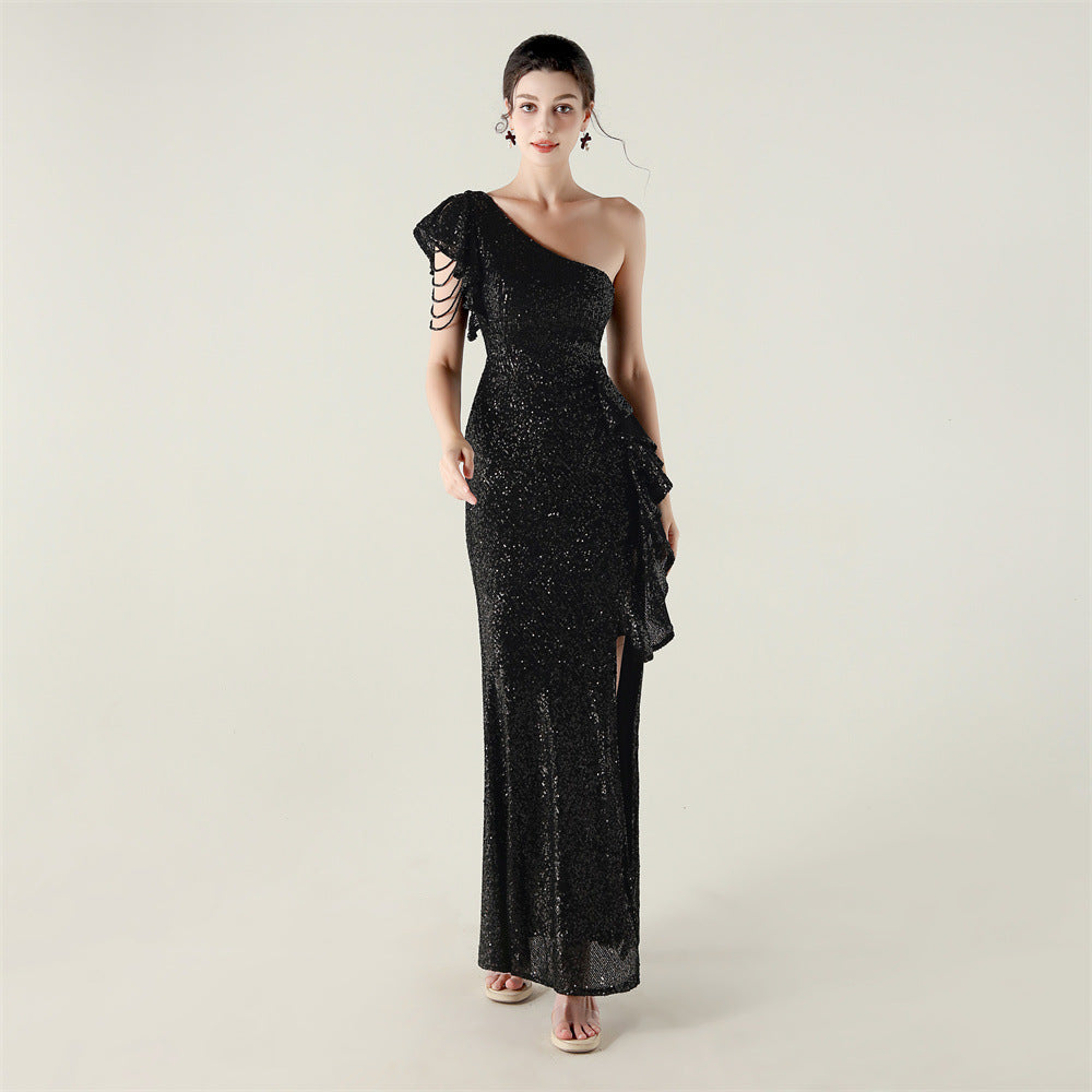 One Shouldered Ruffles Embellished Beaded Chain Handmade Sequined Evening Dress Cocktail Party Wedding