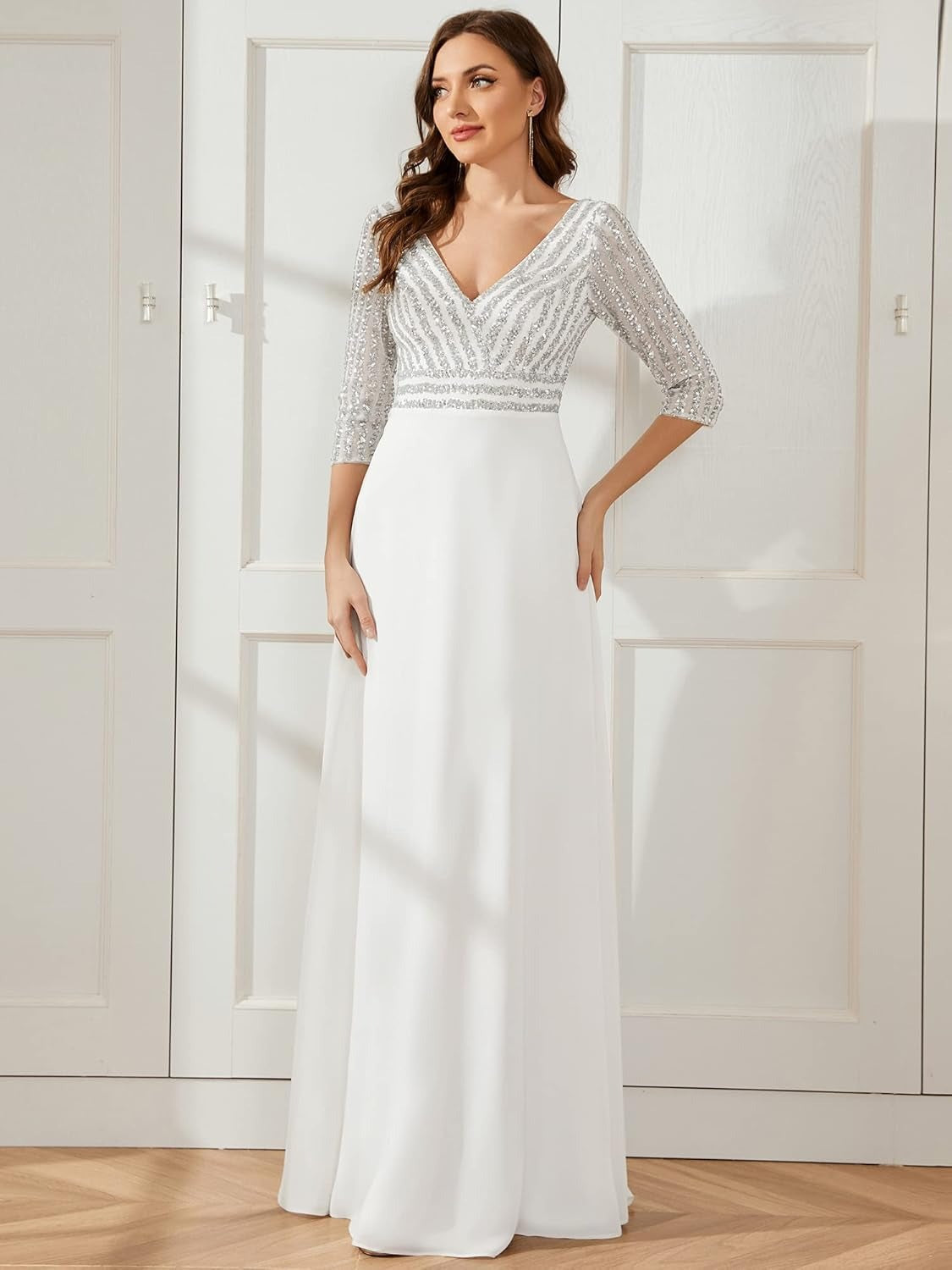 East Middle Chiffon Double V neck Dress A line Large Hem Sequin Stitching Evening Dress