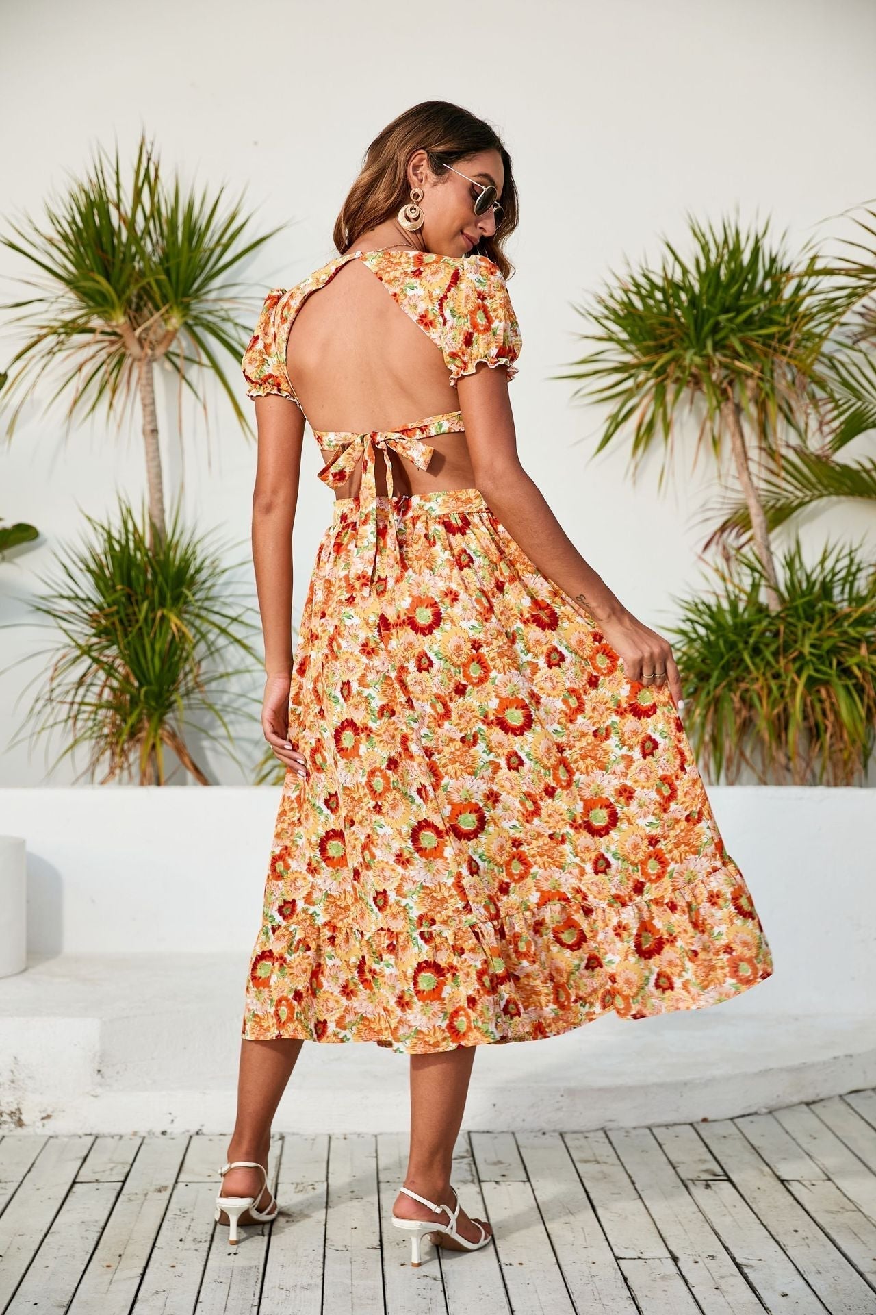 Neck V Printed Dress Backless Midi Dress