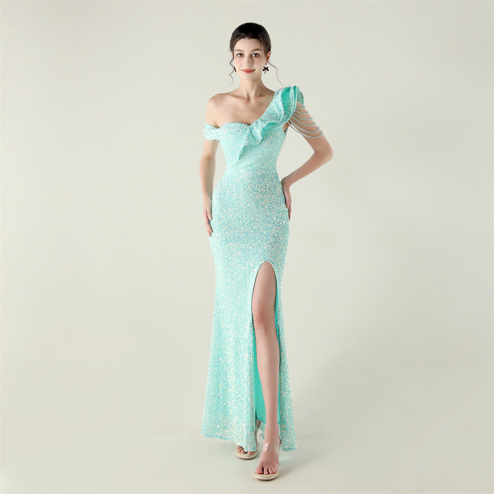 One Shouldered Pleated Ruffled Embellished Beaded Chain Sequined Evening Dress Cocktail Wedding Red Carpet