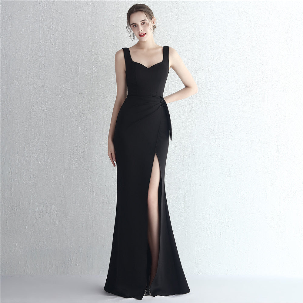 Satin Beaded Extended Slit Debutante Gala Dinner Slim Fit Fishtail Dress Wedding Car Model Exhibition Dress