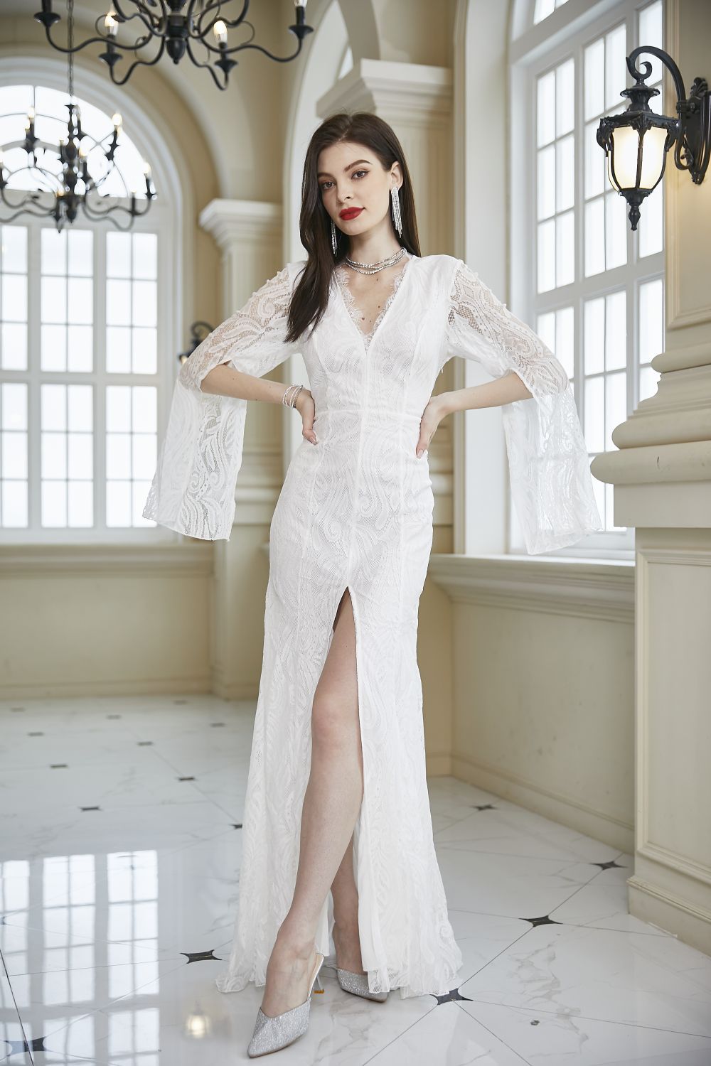 Women Clothing Lace Dress Wedding Bridesmaid Extended Sleeve V neck Slim Hip Wine Red Dress