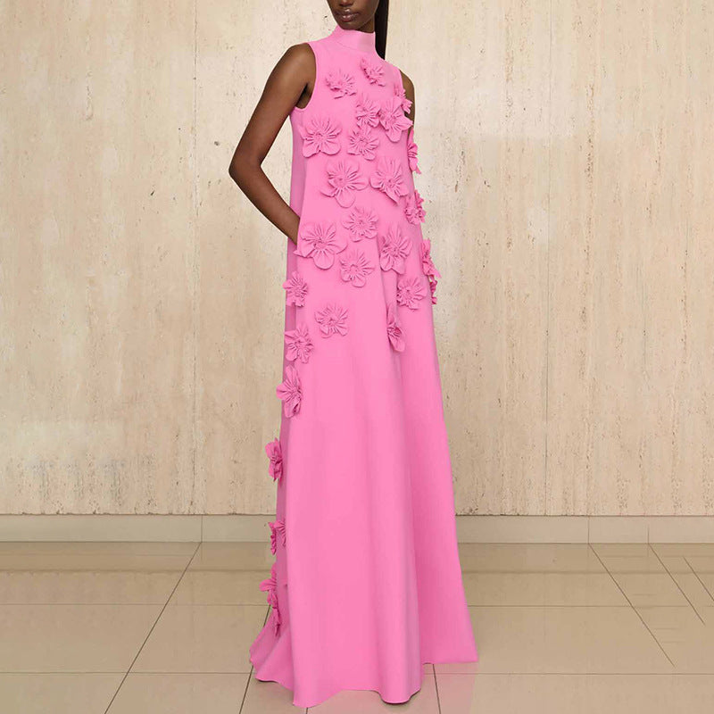 Graceful Elegant Stand Collar Sleeveless Solid Color Dress Three Dimensional Floral Collage Design Maxi Dress