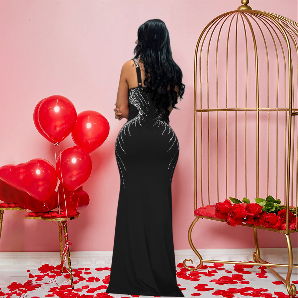 neck V Brace Maxi Dress Slim Fit Rhinestone Sheath Dress