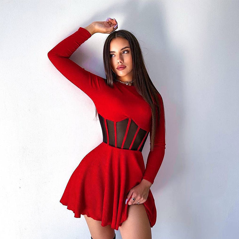 Half Fall High Collar Long Sleeves Mesh Patchwork See through Boning Corset Tight Waist Short Dress