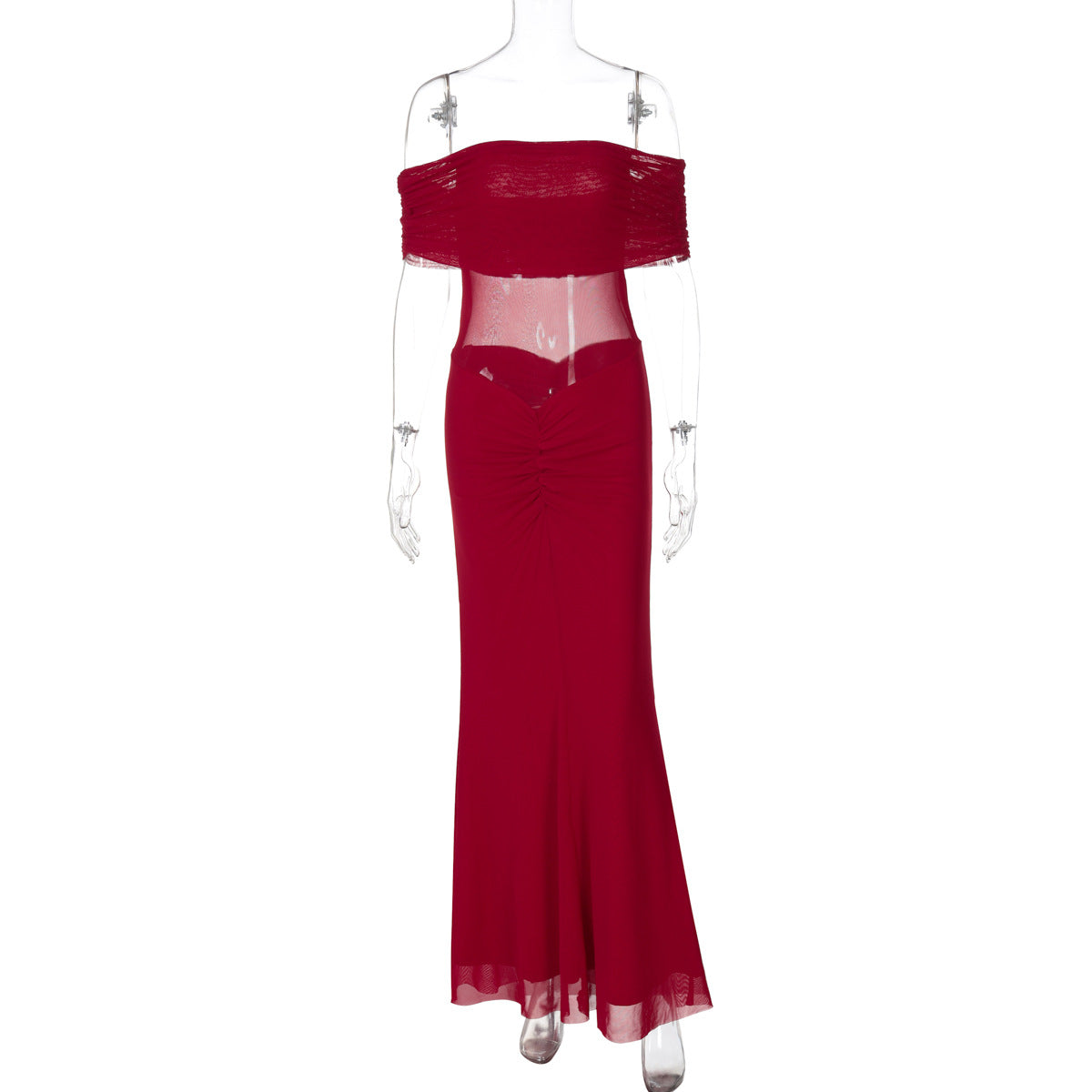 Mesh Stitching Maxi Dress Summer Chic off Shoulder Pleated Slim Dress
