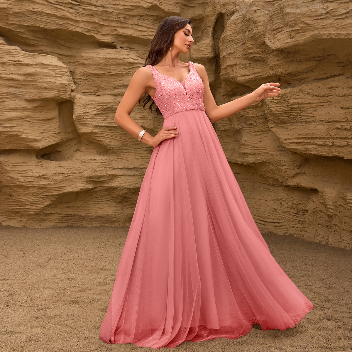 Refined Sequin Stitching Mesh Double Collar Party Dress Sleeveless Large a Hem Full Lining Maxi Dress Prom