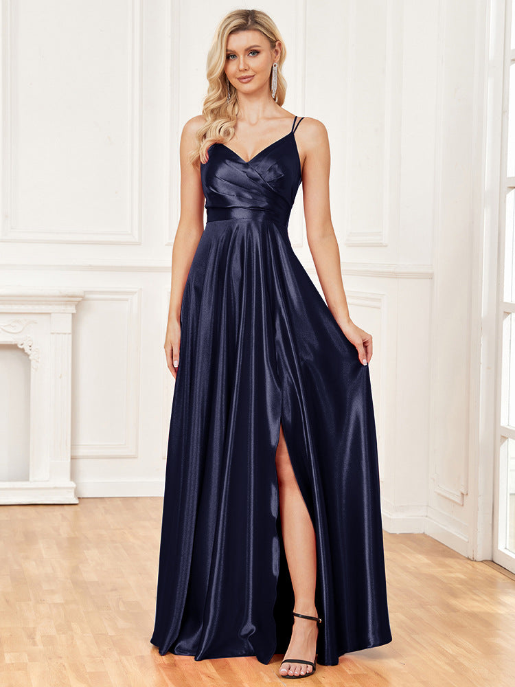 Chic Sling Silk Dress Backless Blue Maxi Dress Bridesmaid Evening Dress Women