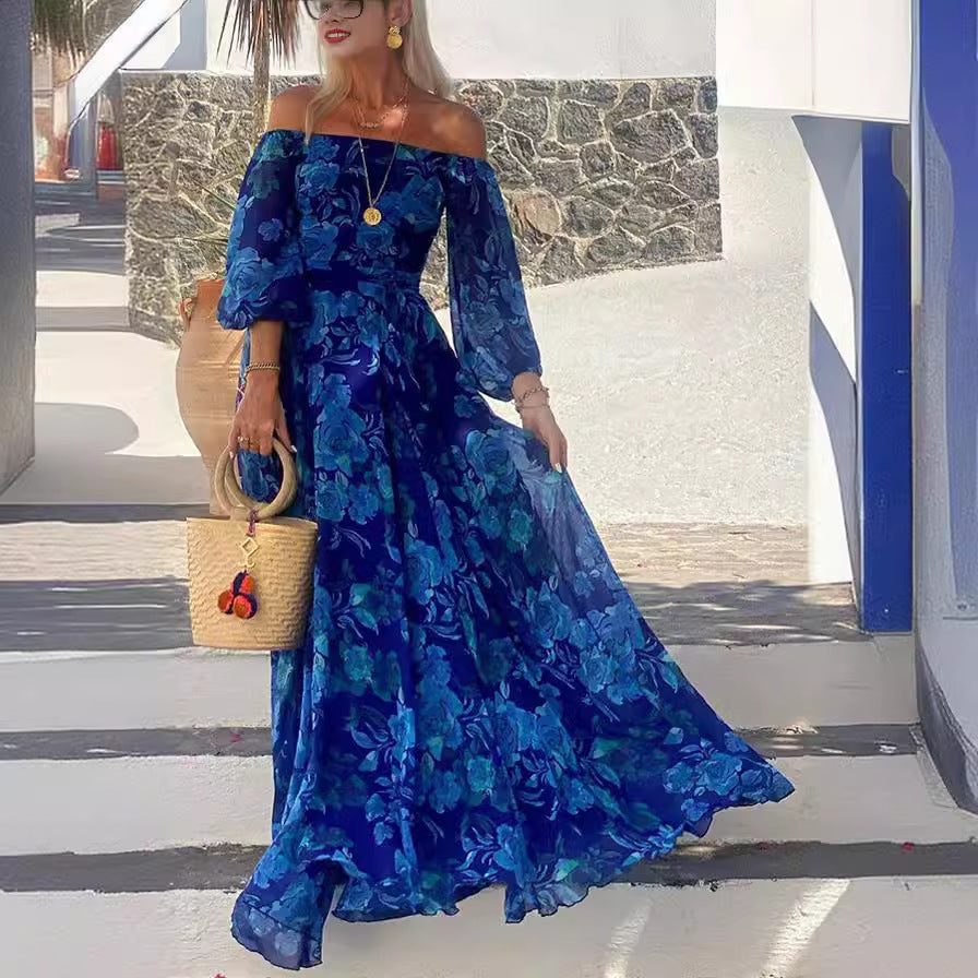 Attractive off Neck Printed Large Swing Maxi Dress