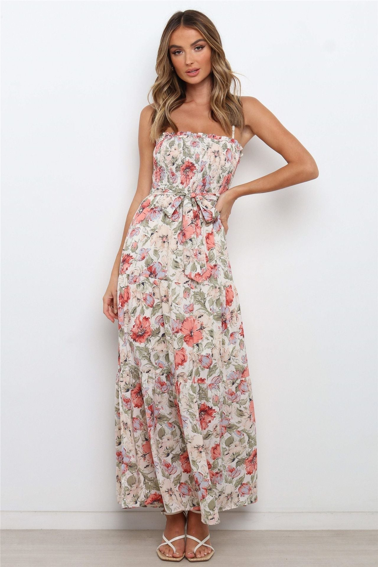 Lilyanne Floral Smocked Tie Strap Maxi Dress Blush Multi