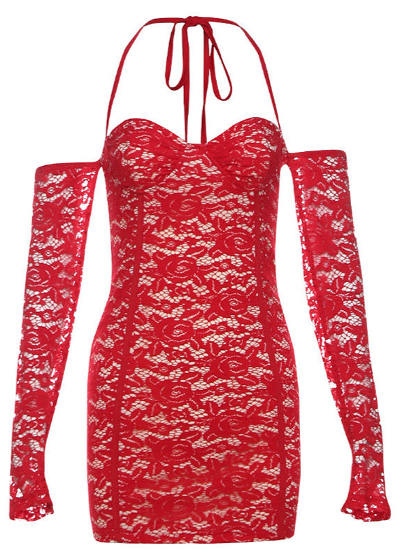 Desire Scarlet Lace Halter Mini Dress