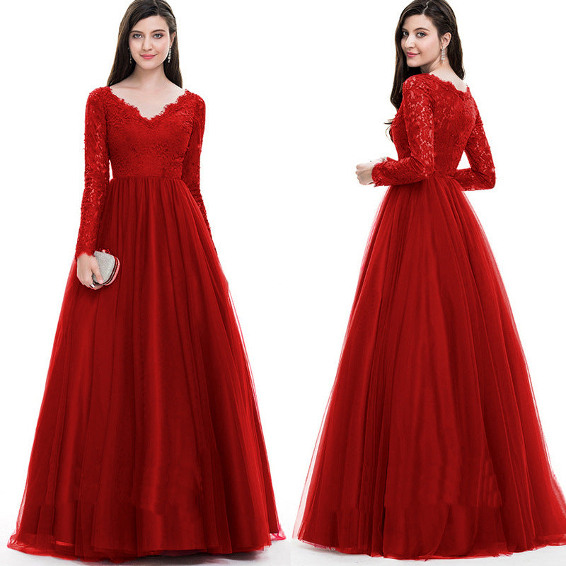 Women Mesh Lace Long Long-Sleeved Wedding Bridal Gown Dress Evening Maxi Dress